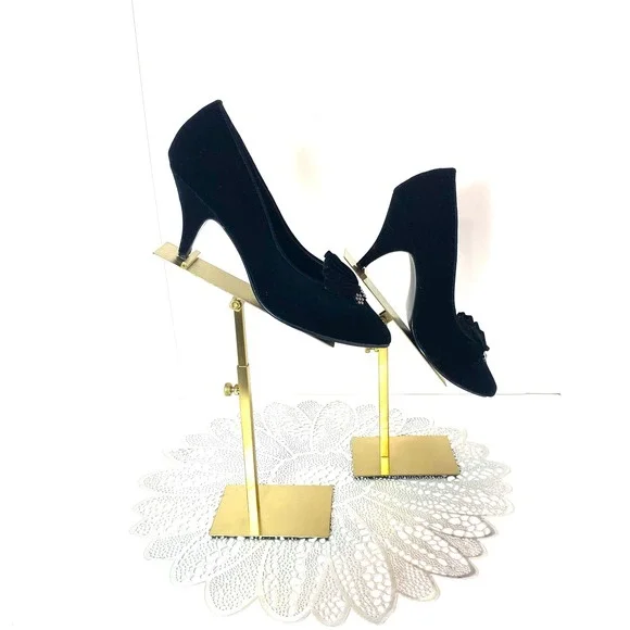 Vintage Tavoy Blk Velvet Rhinestone Pleated Fan Pointed Toe Stiletto Pumps Heel - Picture 4 of 10